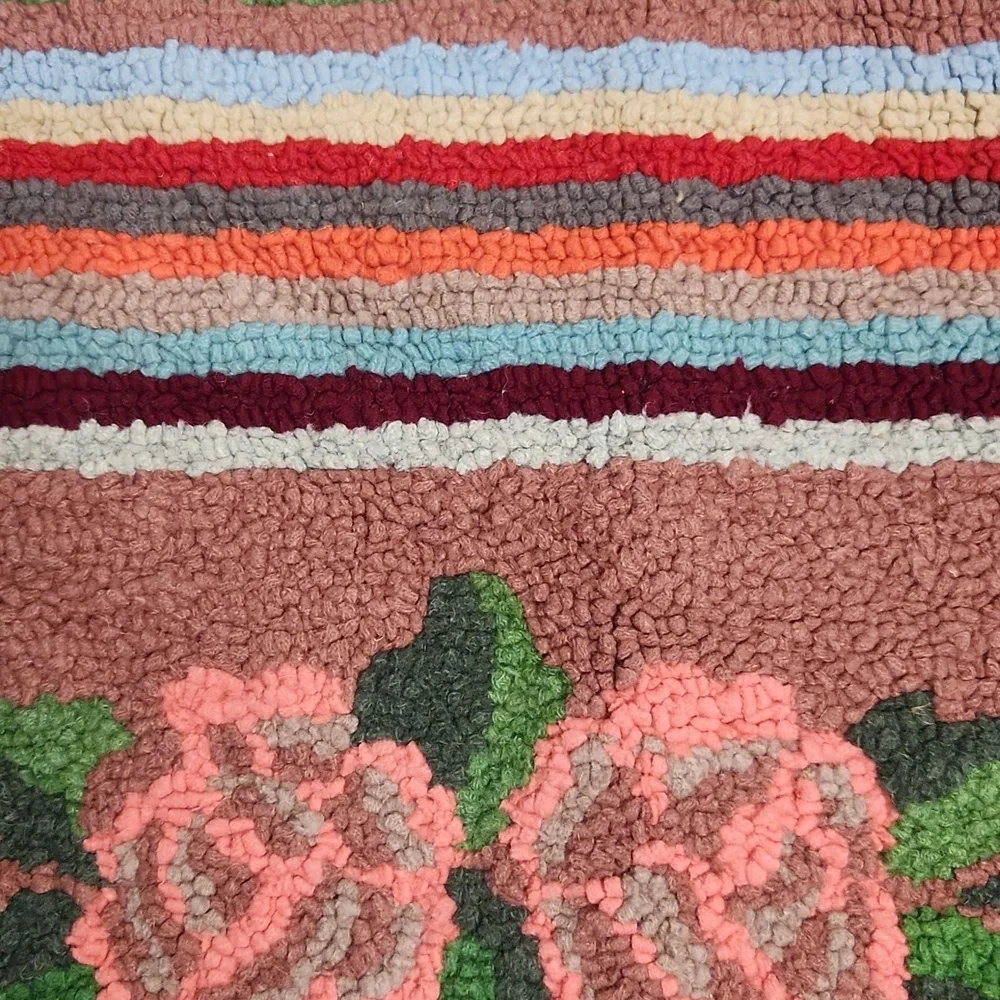 Colorful Striped and Floral Rug Antique Handmade Hooked Rug/pillow